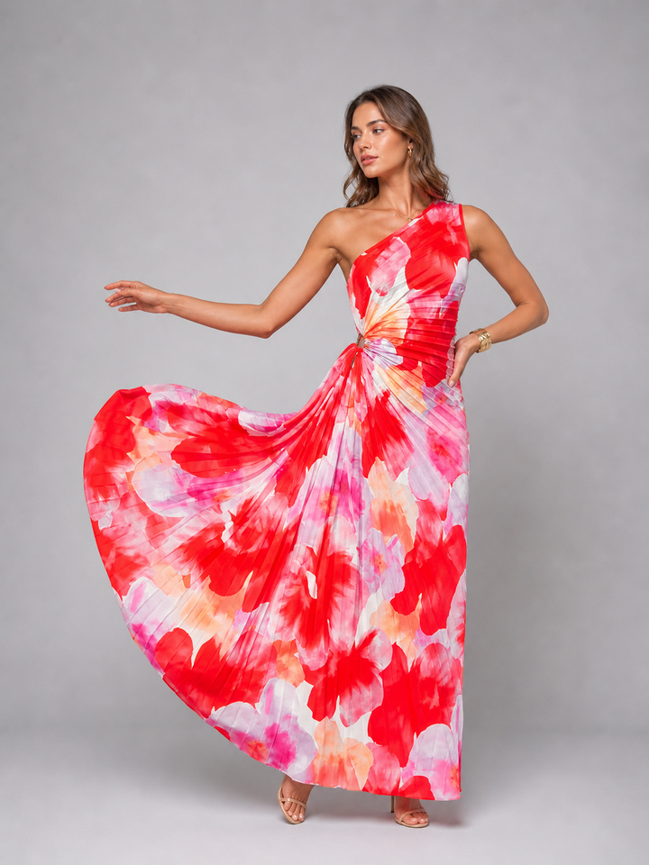 Women’s One-Shoulder Pleated Maxi Dress – Floral Statement Elegance