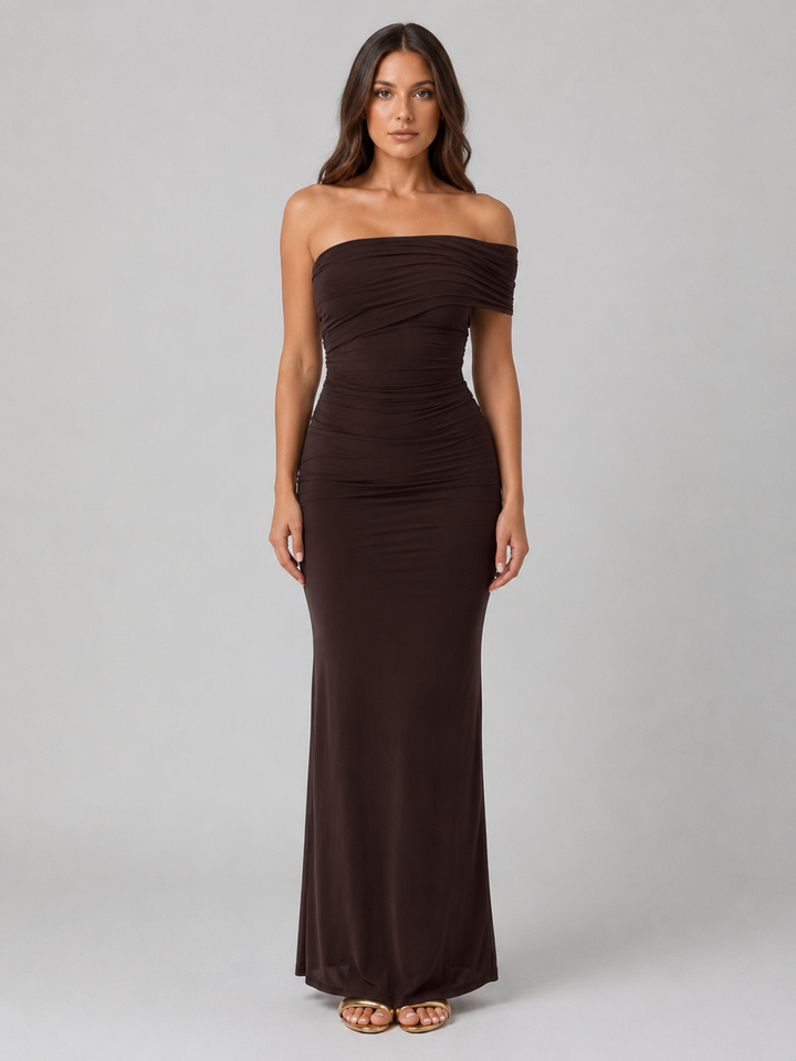Women’s One-Shoulder Ruched Maxi Dress – Sculpted Silhouette