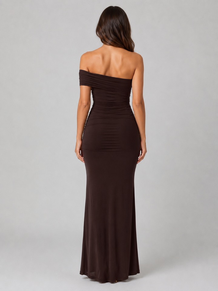Women’s One-Shoulder Ruched Maxi Dress – Sculpted Silhouette