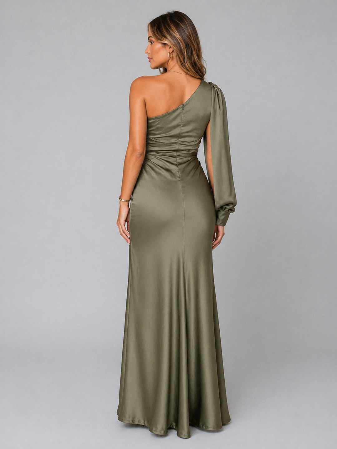 Women’s One-Shoulder Satin Feel Maxi Dress – Draped Elegant Silhouette