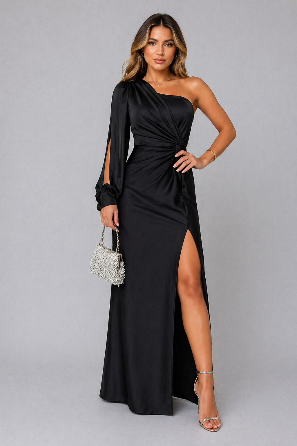 Women’s One-Shoulder Satin Feel Maxi Dress – Draped Elegant Silhouette