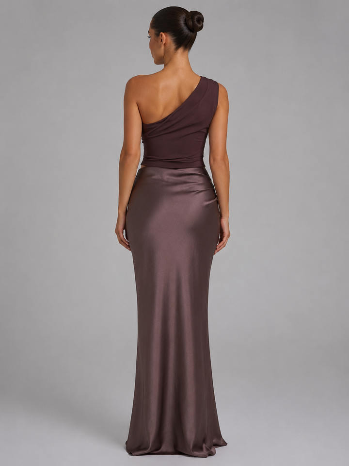 Women’s One-Shoulder Satin Feel Maxi Dress – Wedding Guest Gown