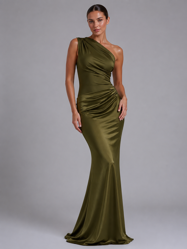 Women’s One-Shoulder Satin Feel Maxi Dress – Wedding Guest Gown