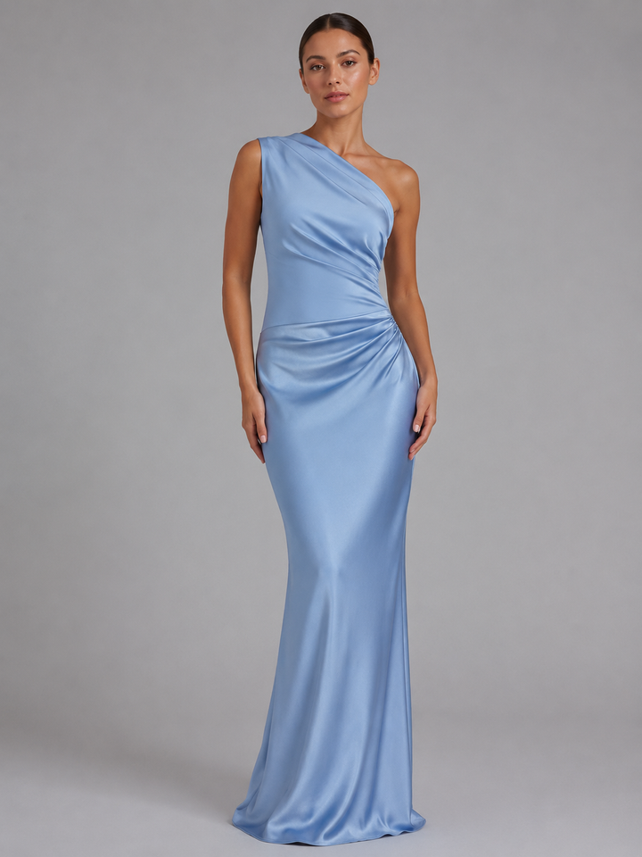 Women’s One-Shoulder Satin Feel Maxi Dress – Wedding Guest Gown