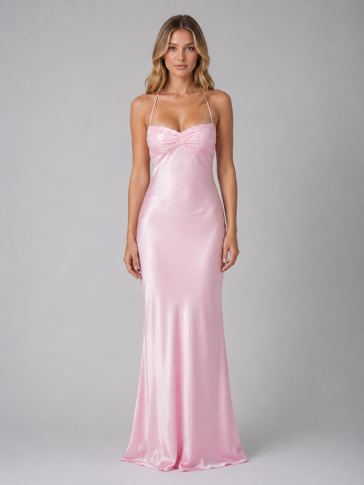 Women’s Pearl Beaded Satin Feel Maxi Dress – Evening Gown