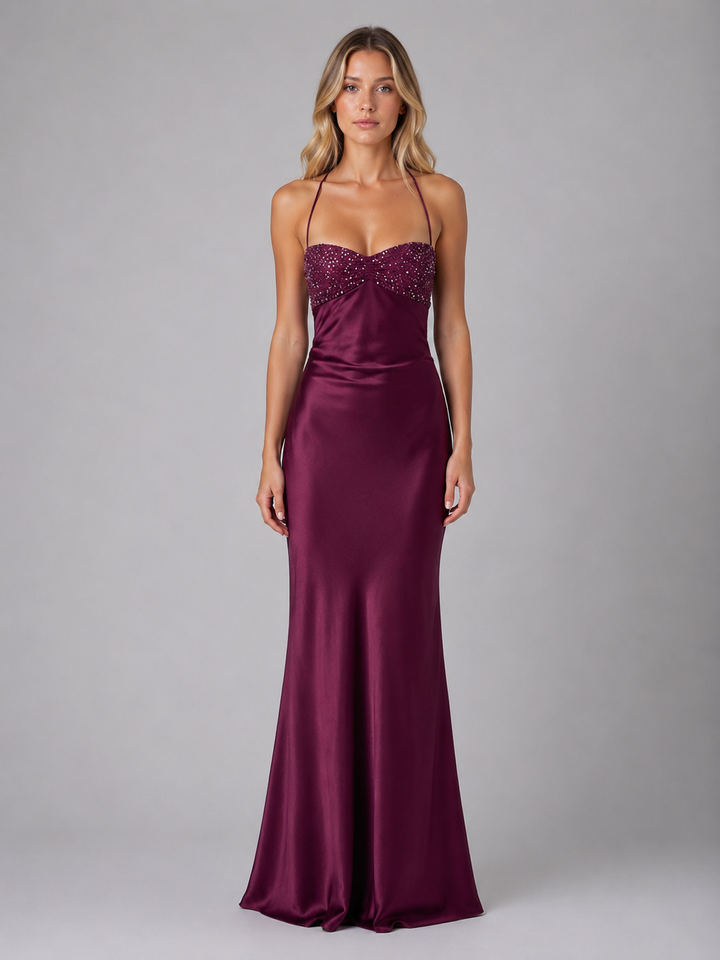 Women’s Pearl Beaded Satin Feel Maxi Dress – Evening Gown