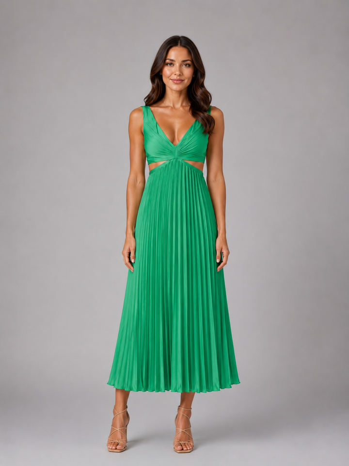 Women’s Pleated Cut-Out Midi Dress – Flowing Silhouette