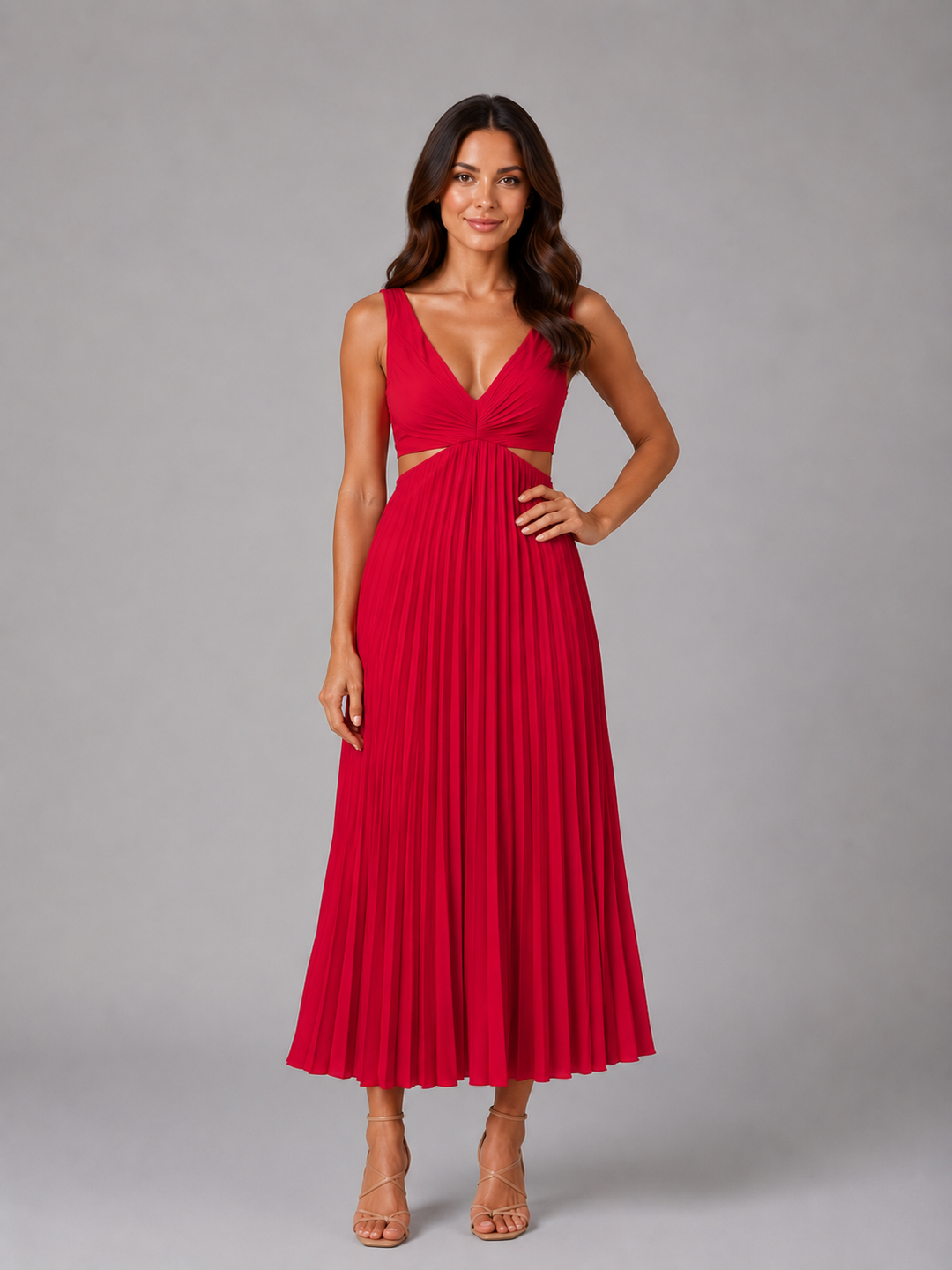Women’s Pleated Cut-Out Midi Dress – Flowing Silhouette