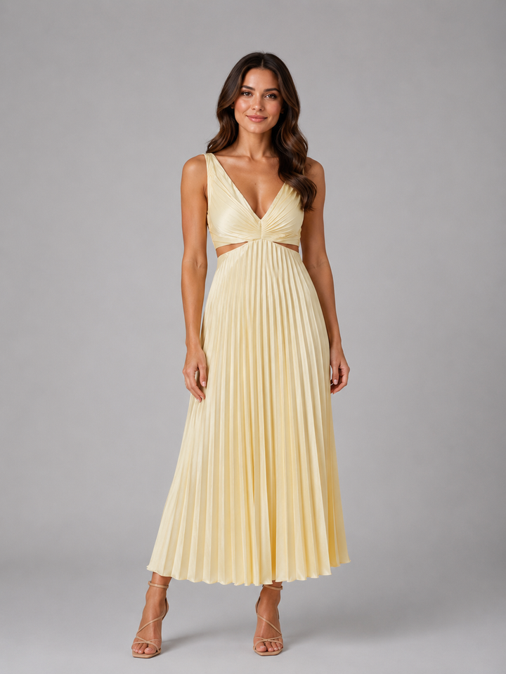 Women’s Pleated Cut-Out Midi Dress - Flowing Silhouette