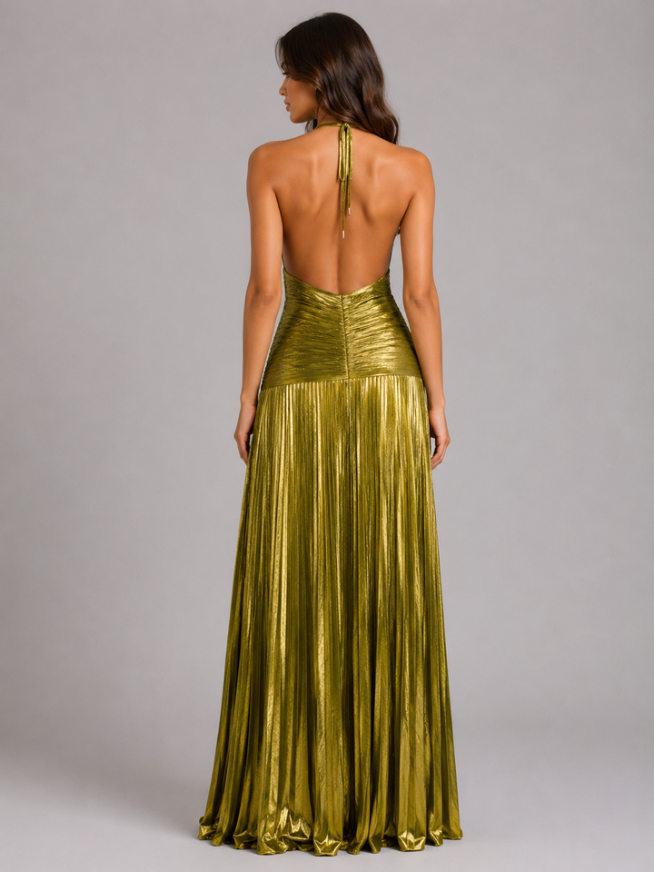Women’s Pleated Halter Maxi Dress – Elegant High Split