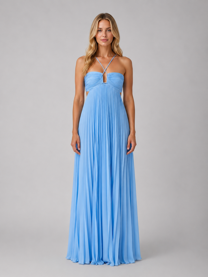 Women's Pleated Halterneck Maxi Dress – Wedding Guest Gown