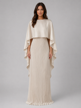 Women’s Pleated Maxi Dress with Cape Sleeves – Flowing Silhouette