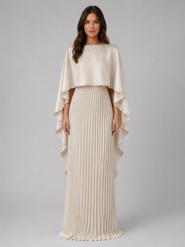 Women’s Pleated Maxi Dress with Cape Sleeves – Flowing Silhouette
