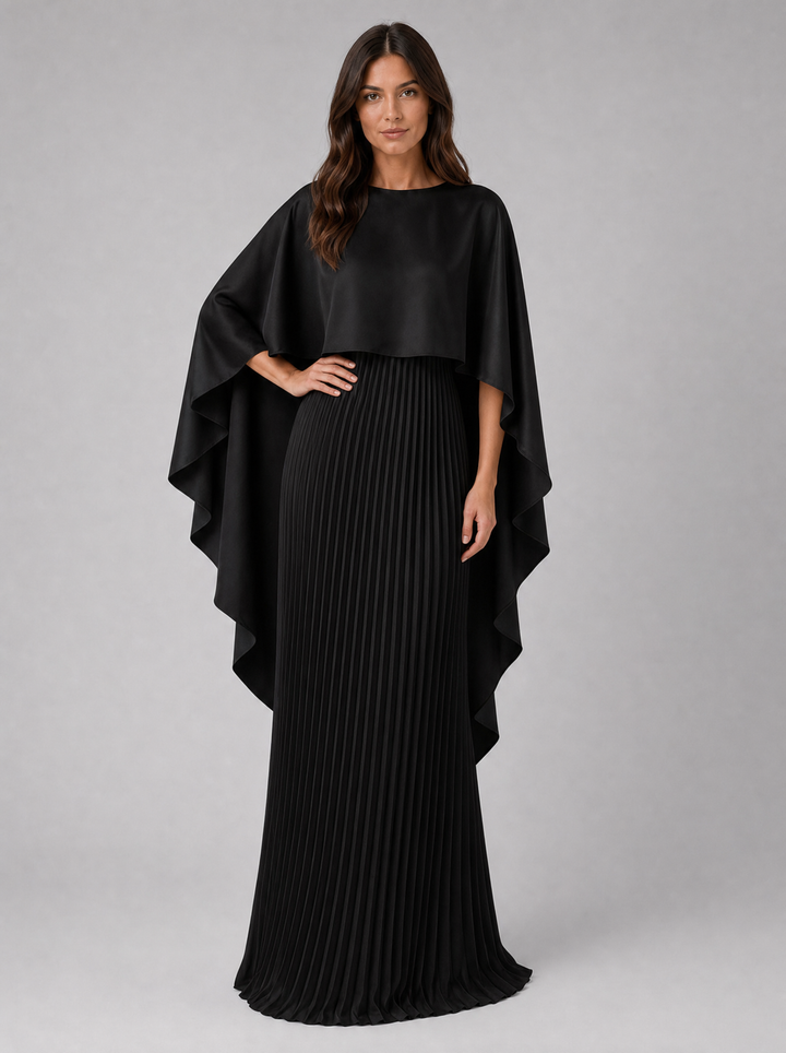 Women’s Pleated Maxi Dress with Cape Sleeves – Flowing Silhouette