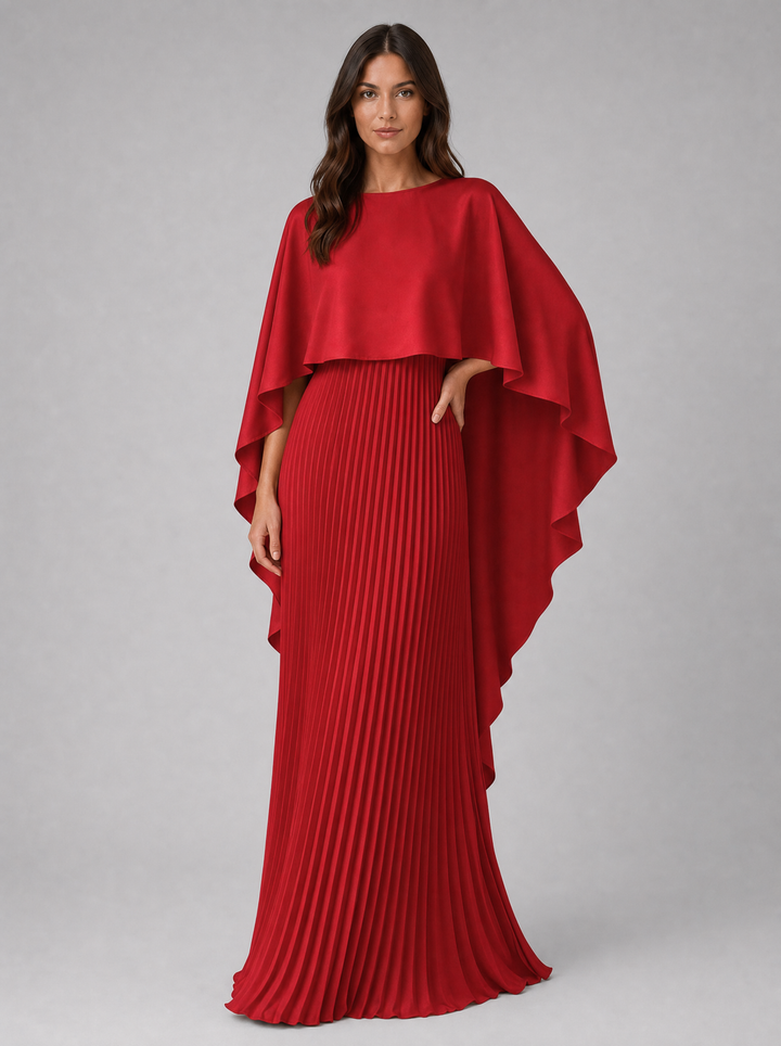 Women’s Pleated Maxi Dress with Cape Sleeves – Flowing Silhouette