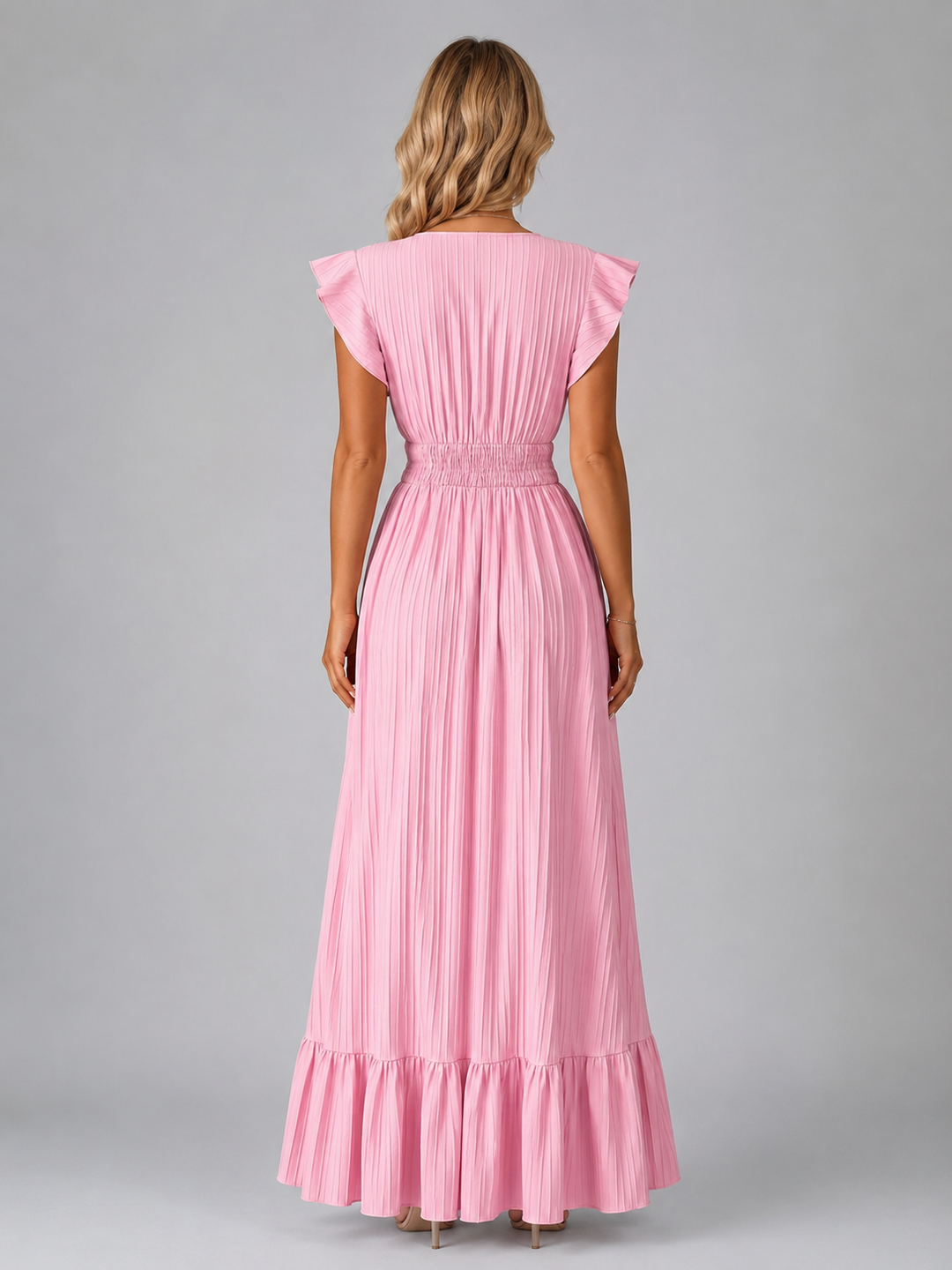 Women’s Pleated Maxi Dress with Flutter Sleeves – Flowing Elegant Style