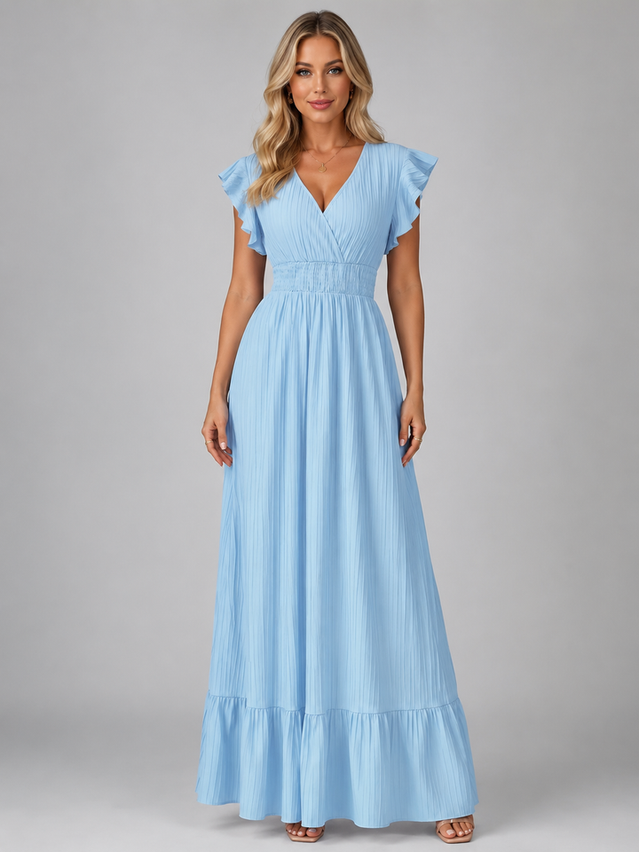 Women’s Pleated Maxi Dress with Flutter Sleeves - Flowing Elegant Style