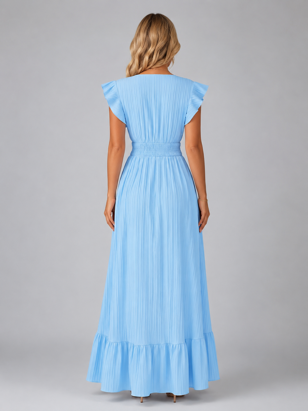 Women’s Pleated Maxi Dress with Flutter Sleeves – Flowing Elegant Style