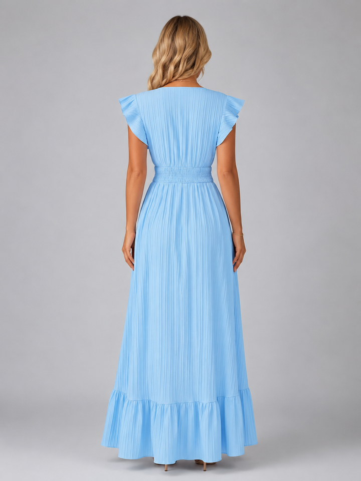 Women’s Pleated Maxi Dress with Flutter Sleeves – Flowing Elegant Style