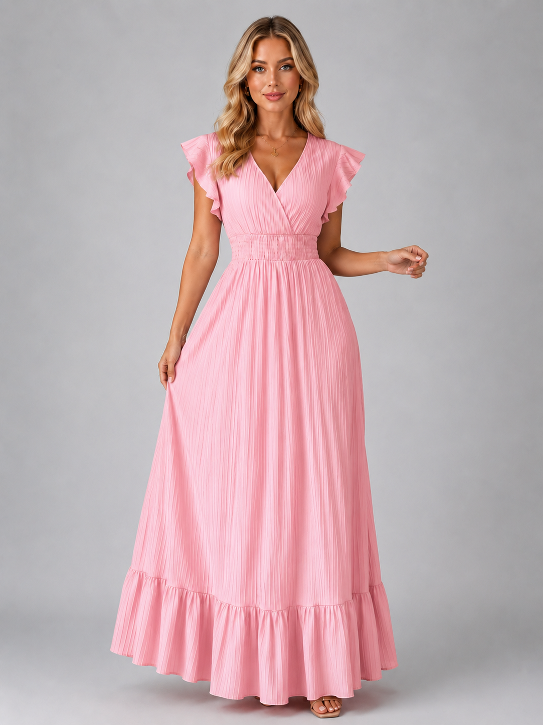 Women’s Pleated Maxi Dress with Flutter Sleeves – Flowing Elegant Style