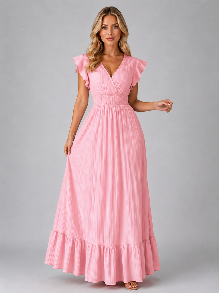 Women’s Pleated Maxi Dress with Flutter Sleeves – Flowing Elegant Style