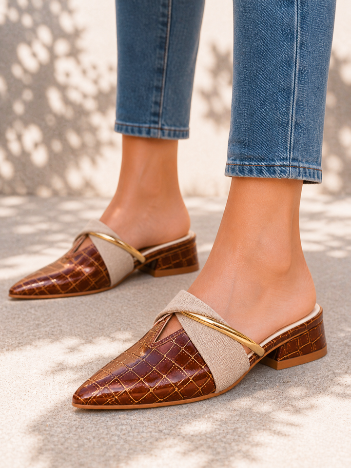 Women’s Pointed Toe Mule Heels – Croc Effect Elegant Slip-On