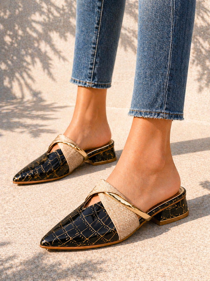 Women’s Pointed Toe Mule Heels – Croc Effect Elegant Slip-On