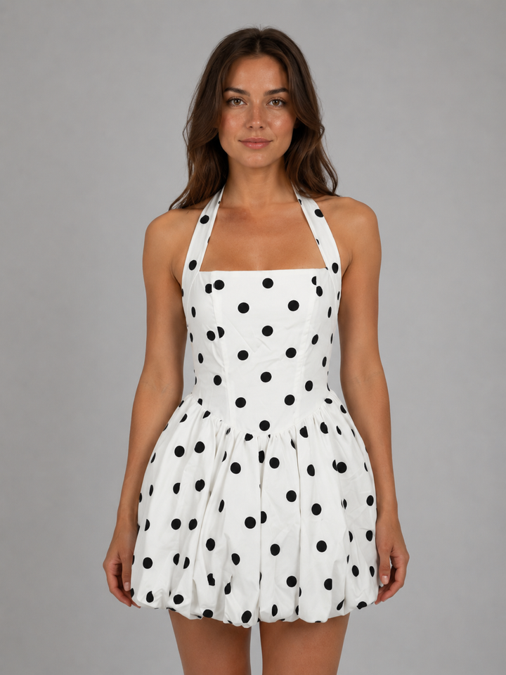 Women's Polka Dot Bubble Hem Mini Dress – Halter Neck Style