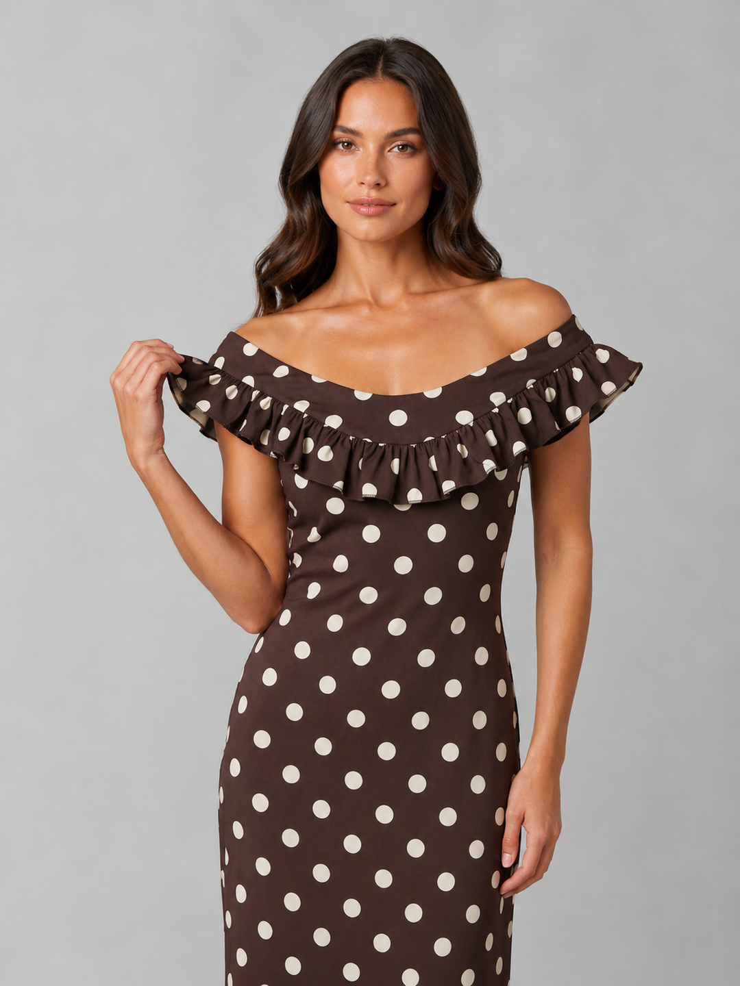 Women’s Polka Dot Maxi Dress – Off-Shoulder Ruffle Neckline