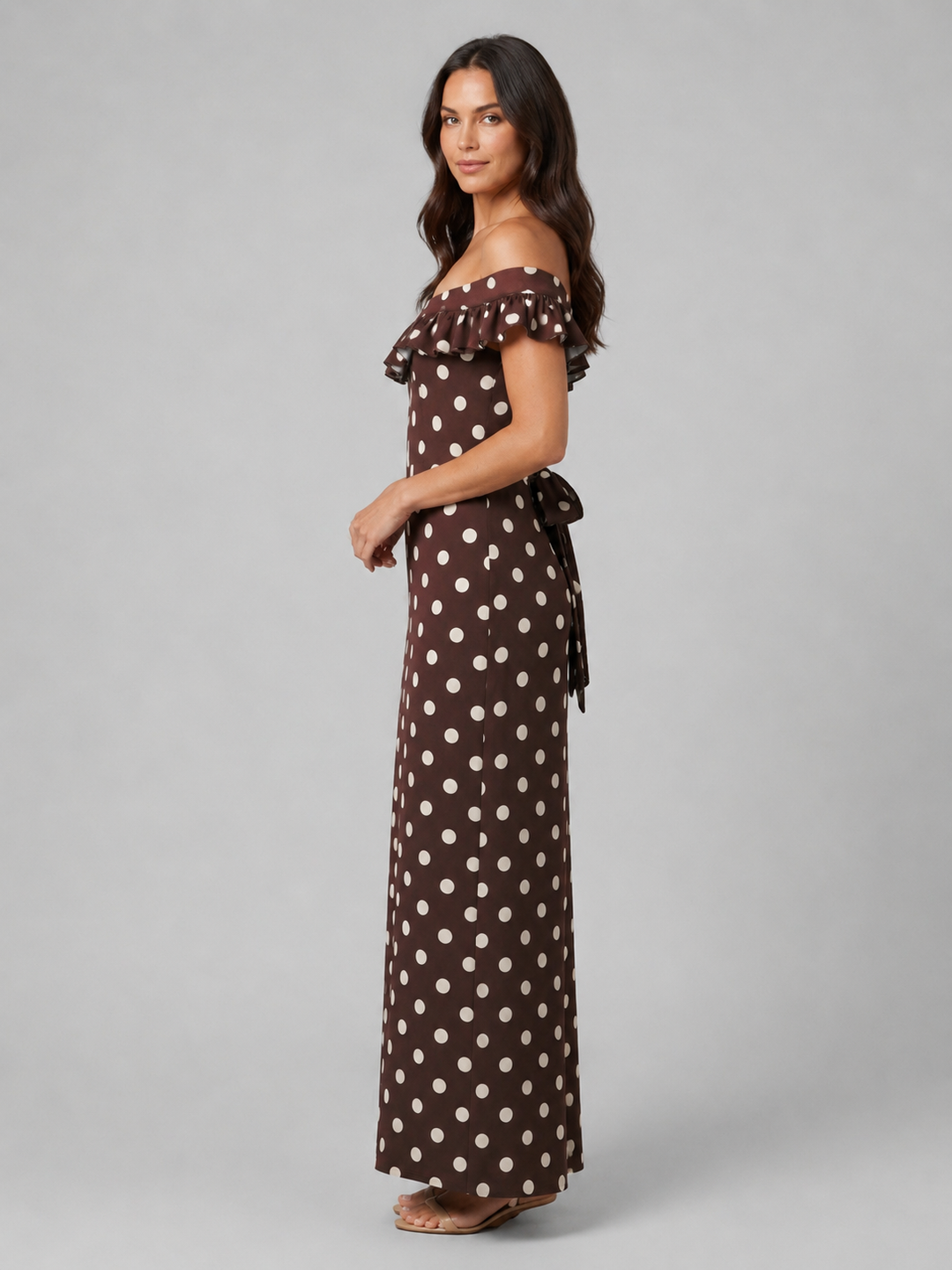 Women’s Polka Dot Maxi Dress – Off-Shoulder Ruffle Neckline