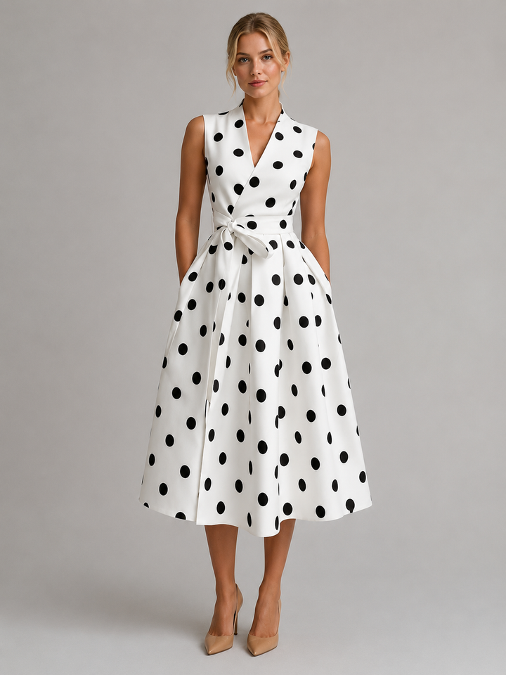 Women’s Polka Dot Midi Dress – Sleeveless V-Neck Summer Style