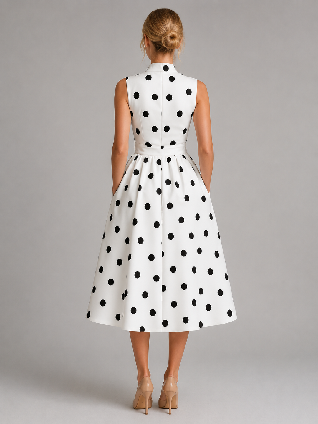 Women’s Polka Dot Midi Dress – Sleeveless V-Neck Summer Style