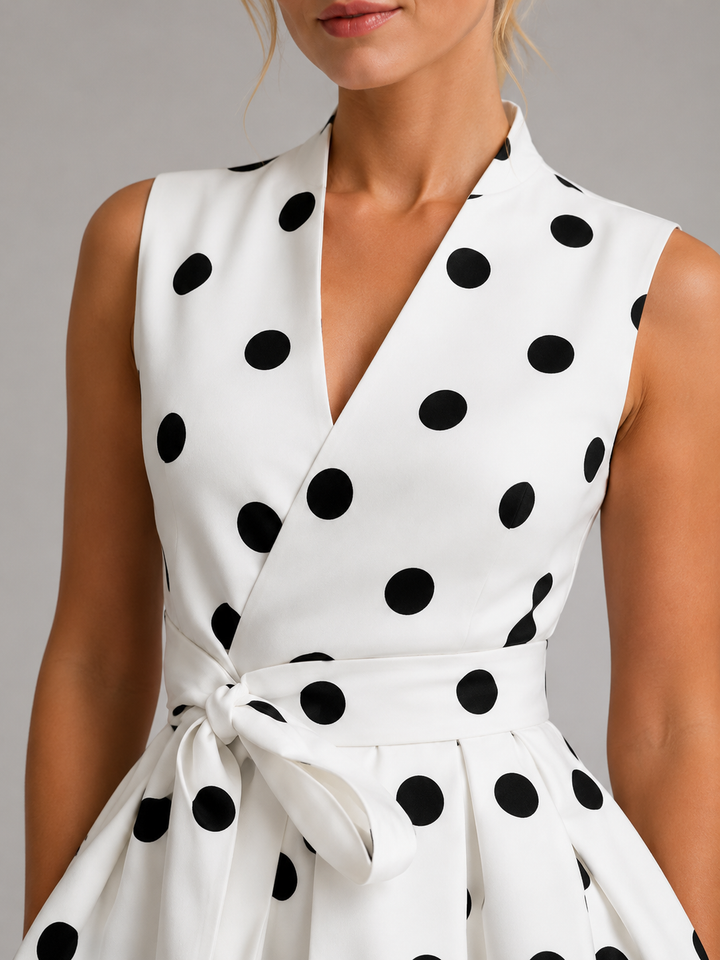 Women’s Polka Dot Midi Dress – Sleeveless V-Neck Summer Style