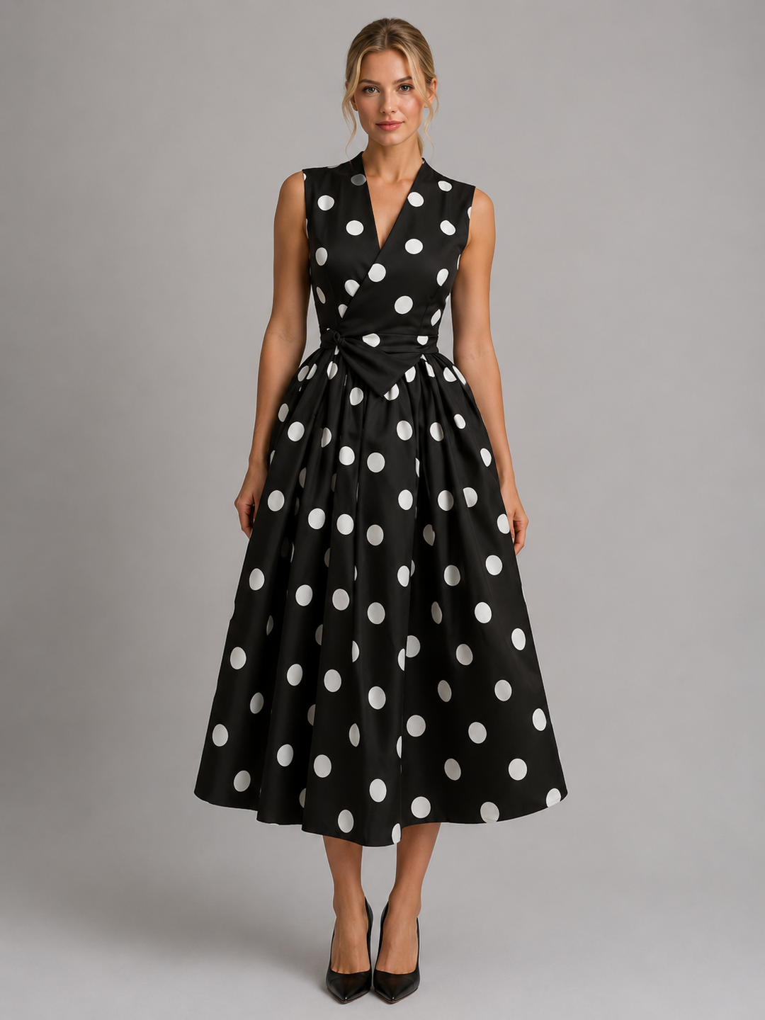 Women’s Polka Dot Midi Dress – Sleeveless V-Neck Summer Style