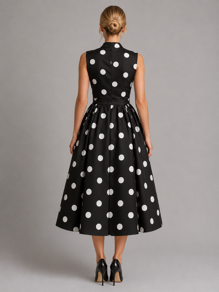 Women’s Polka Dot Midi Dress – Sleeveless V-Neck Summer Style
