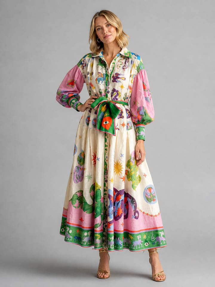 Women’s Printed Maxi Shirt Dress – Belted Artistic Summer Style