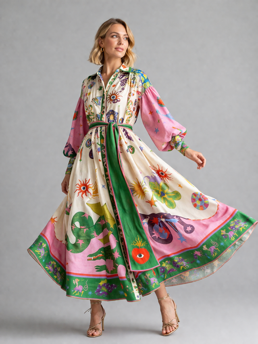 Women’s Printed Maxi Shirt Dress – Belted Artistic Summer Style
