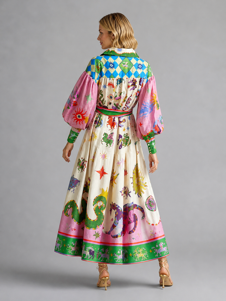 Women’s Printed Maxi Shirt Dress – Belted Artistic Summer Style