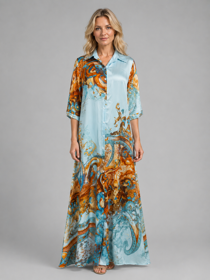 Women's Printed Shirt Maxi Dress – Button Front Flattering Style