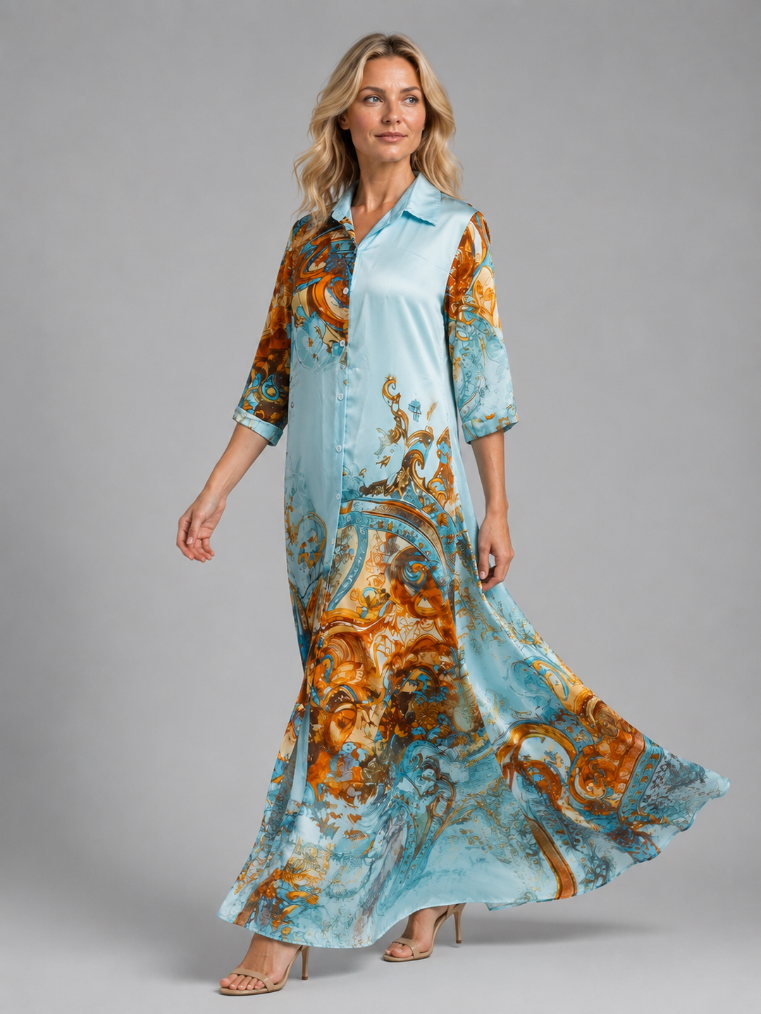 Women's Printed Shirt Maxi Dress – Button Front Flattering Style