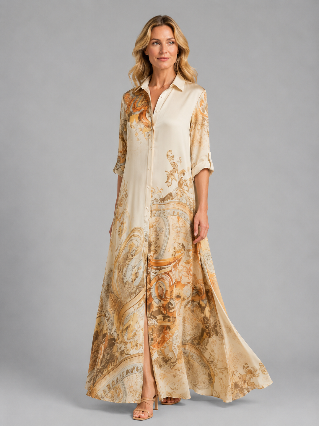 Women's Printed Shirt Maxi Dress – Button Front Flattering Style