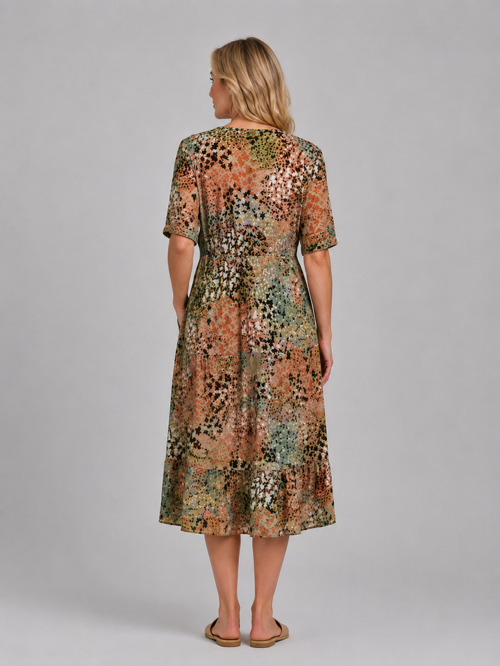 Women's Printed V-Neck Midi Dress – Relaxed Pocket Dress