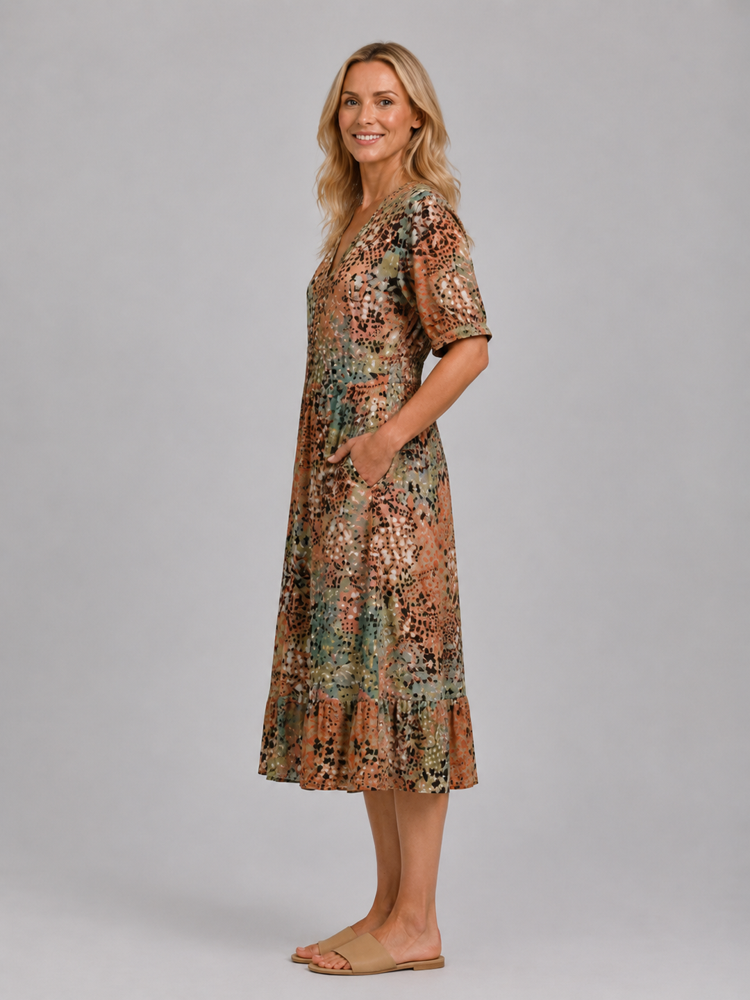 Women's Printed V-Neck Midi Dress – Relaxed Pocket Dress