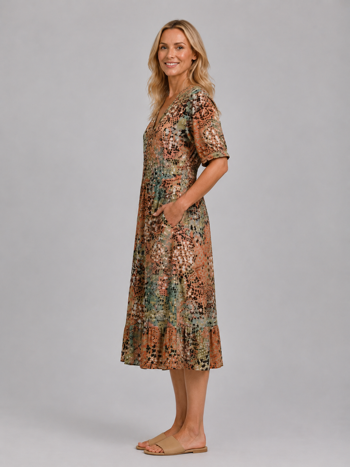 Women's Printed V-Neck Midi Dress – Relaxed Pocket Dress