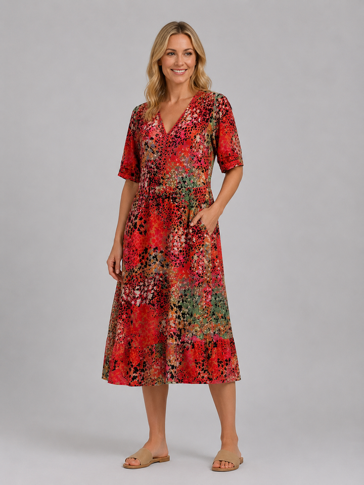 Women's Printed V-Neck Midi Dress – Relaxed Pocket Dress