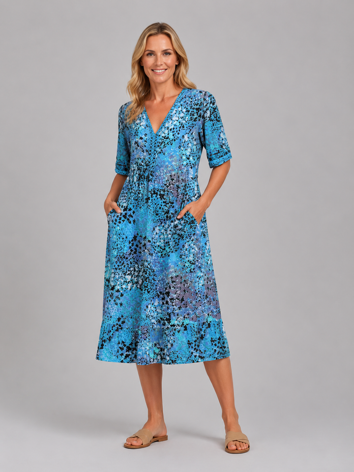 Women's Printed V-Neck Midi Dress – Relaxed Pocket Dress