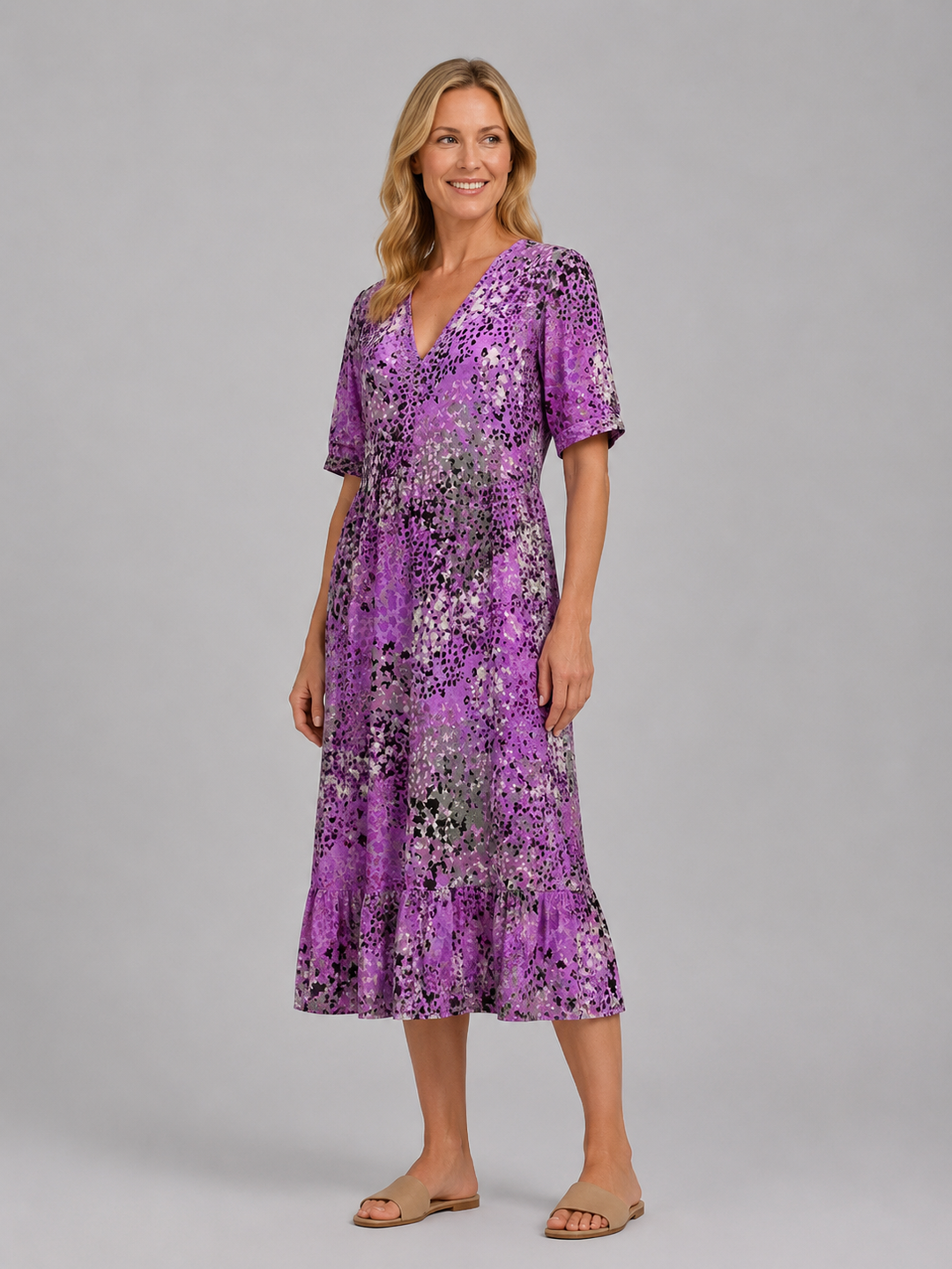 Women's Printed V-Neck Midi Dress – Relaxed Pocket Dress
