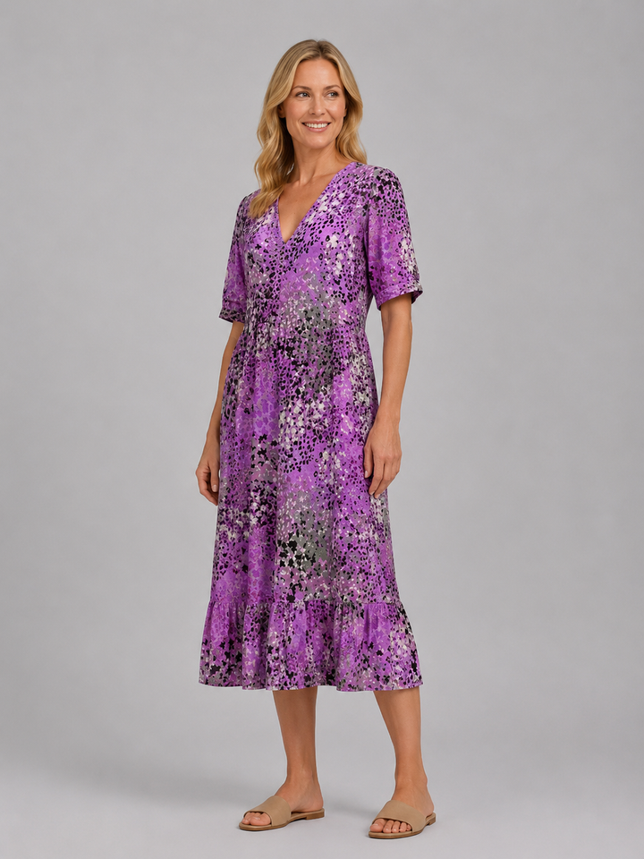 Women's Printed V-Neck Midi Dress – Relaxed Pocket Dress