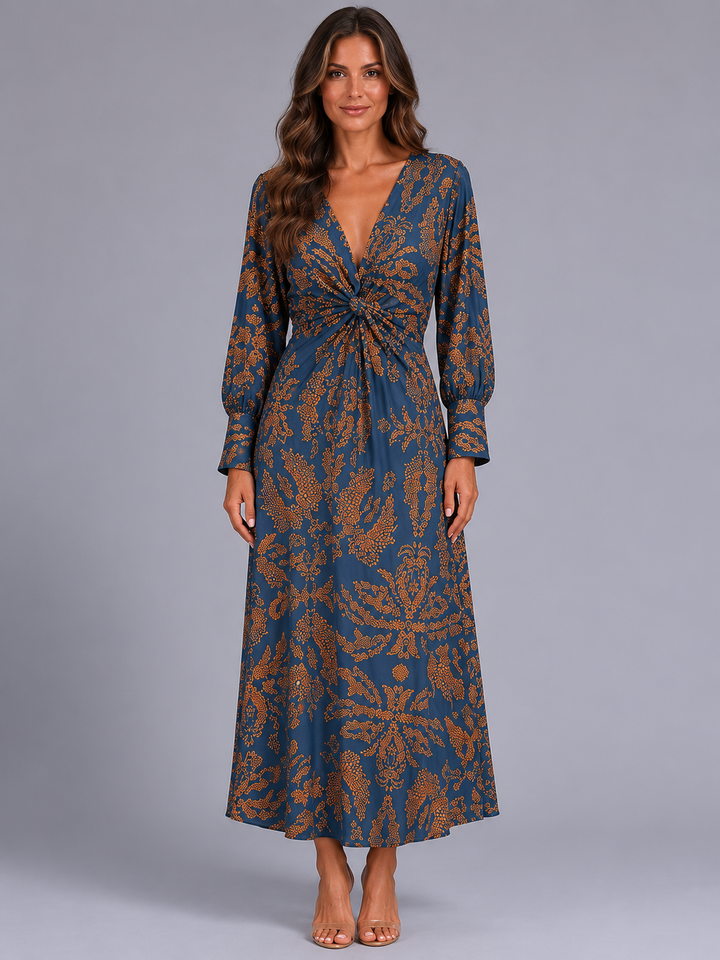 Women’s Printed V-Neck Midi Dress – Wedding Guest Occasion