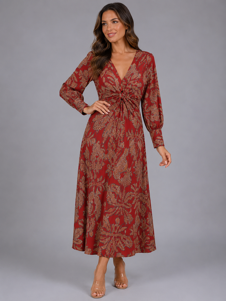 Women’s Printed V-Neck Midi Dress – Wedding Guest Occasion